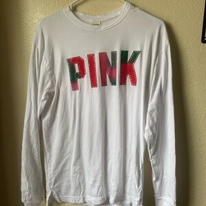 PINK Victoria's Secret Long Sleeve Tee in White and Pink